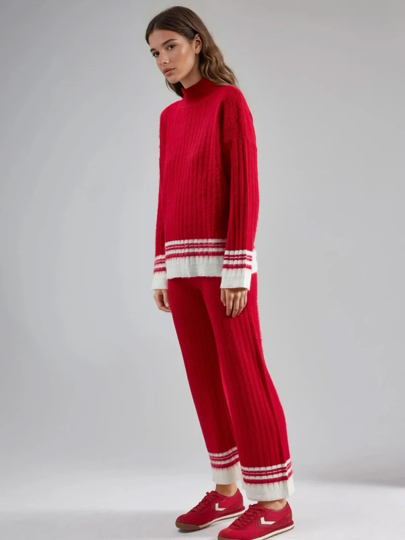 My Fashion Red MY FASHION Striped Ribbed Knit Co-Ord Set with Half Turtleneck for Women | Best Price UAE